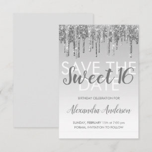 Silver Glitzer Sweet 16 Save the Date Einladung
