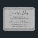 Silver Glitzer Sweet 16 Save the Date Magnet<br><div class="desc">Silver Sparkle Glitzer 16 . Geburtstag Monogram Name und Initial Save the Date Geburtstag Party Magnet Einladung. Dieser Magnet Save the Date lädt die Sparkle Glitzer Sweet 16 Birthday Party zum Feiern ein.</div>