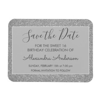 Silver Glitzer Sweet 16 Save the Date Magnet