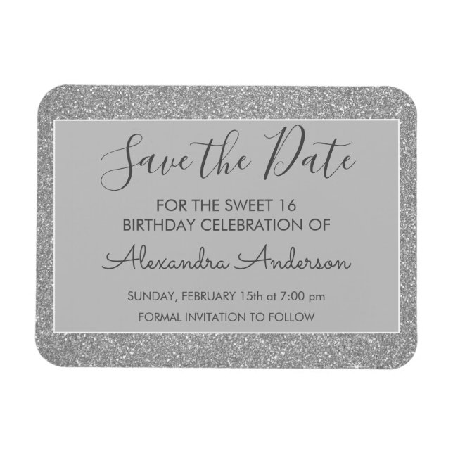 Silver Glitzer Sweet 16 Save the Date Magnet (Horizontal)