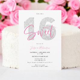 Silver Glitzer Sweet 16 script Foto Geburtstag Einladung
