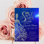 Silver Glitzer, Tiara, Diamonds Blue Einladung<br><div class="desc">Gold Glitzer Tiara,  Kleid und Diamanten Sweet 16 Geburtstagsfeier Einladung.</div>