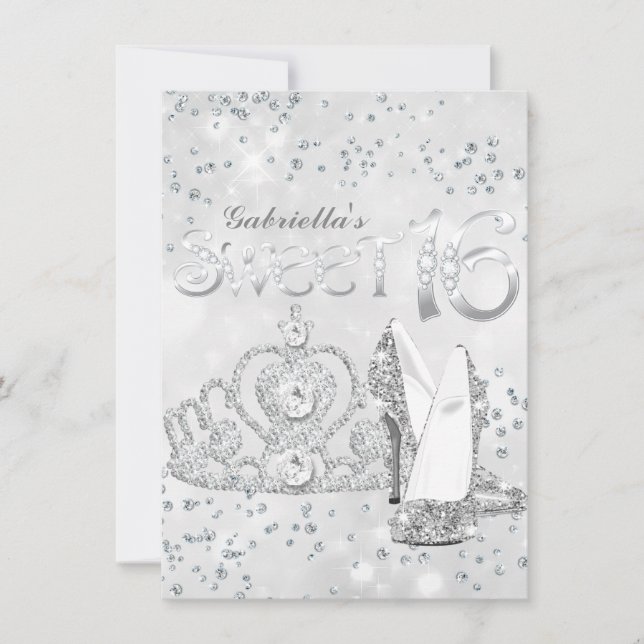 Silver Glitzer Tiara & Heelses Sweet 16 Einladung (Vorderseite)