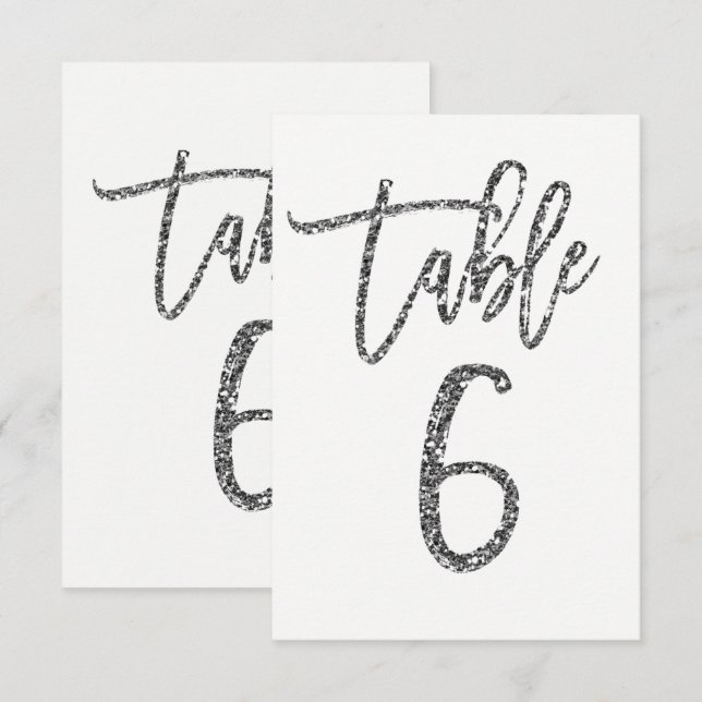 Silver Glitzer Trendy Moderne Script Tischnummer 6 (Vorne/Hinten)