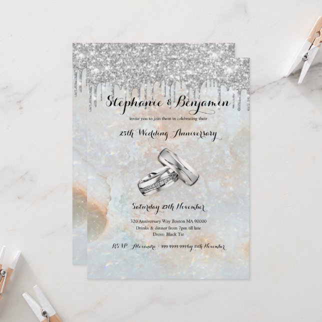 Silver Glitzer Tropfen 25. Hochzeitstag Einladung (Vorderseite/Rückseite Beispiel)