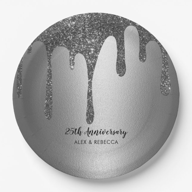 Silver Glitzer Tropfen 25. Hochzeitstag Pappteller (Vorderseite)