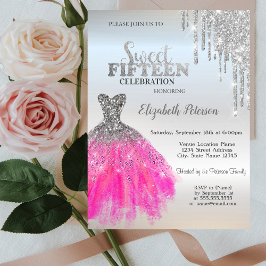 Silver Glitzer Tropfen, Adorable Dress Quinceanera Einladung