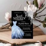 Silver Glitzer Tropfen, Blue Dress Black Sweet 16 Einladung<br><div class="desc">Elegantes blaues Kleid und silberne Glitzer Tropfen auf schwarzem Hintergrund.</div>