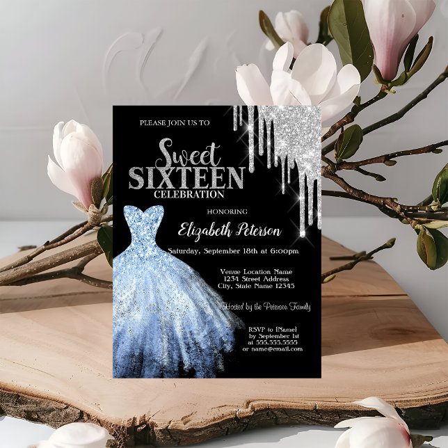 Silver Glitzer Tropfen, Blue Dress Black Sweet 16 Einladung (Von Creator hochgeladen)