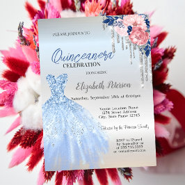 Silver Glitzer Tropfen, Blue Dress Rose Quinceaner Einladung