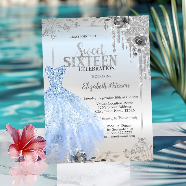 Silver Glitzer Tropfen, Blue Dress Rose Sweet 16 Einladung (Von Creator hochgeladen)