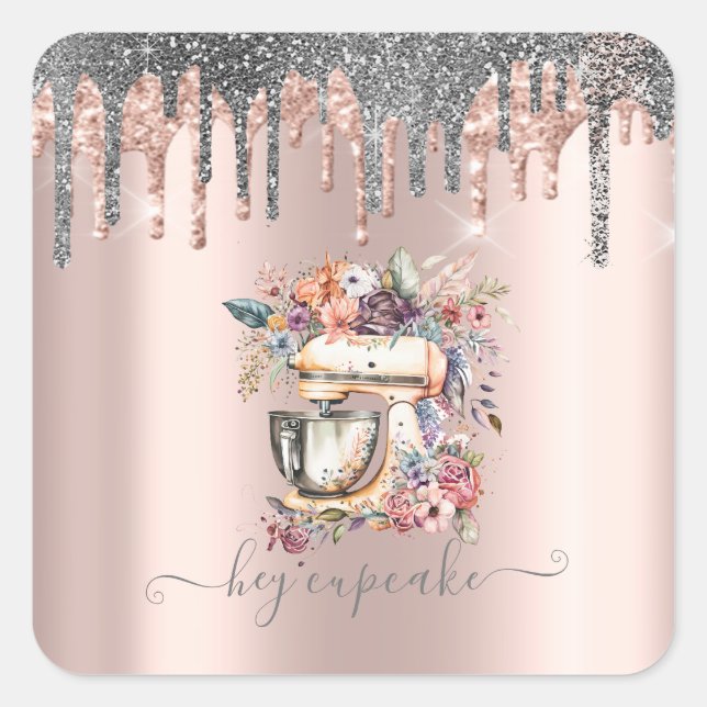 Silver Glitzer Tropfen Blumenmischanlage Rose Gold Quadratischer Aufkleber (Vorderseite)