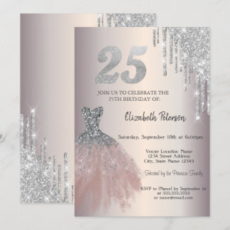 Silver Glitzer Tropfen, Chic Dress 25. Geburtstag Einladung