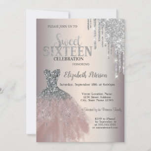 Silver Glitzer Tropfen, Chic Dress Sweet 16 Einladung