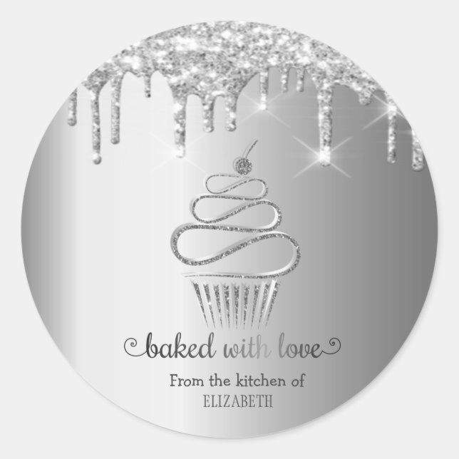 Silver Glitzer Tropfen Cupcakes Küche Runder Aufkleber (Vorderseite)