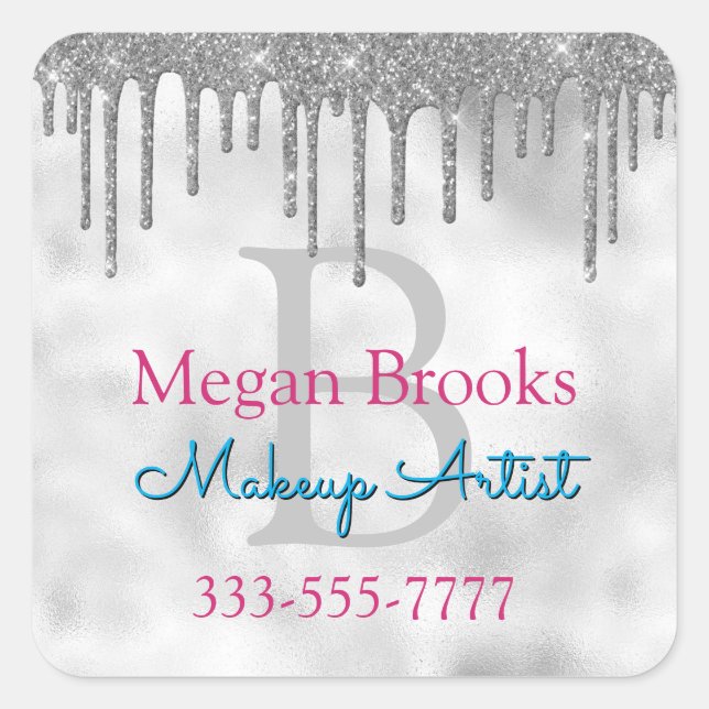 Silver Glitzer Tropfen, DIY Name, Monogramm Titel Quadratischer Aufkleber (Vorderseite)