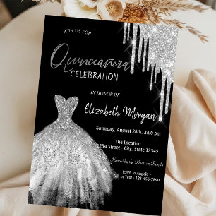 Silver Glitzer Tropfen Dress Black Quinceañera Einladung