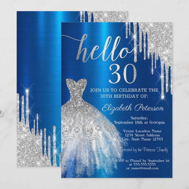 Silver Glitzer Tropfen Dress Blue Metallic 30. Einladung (Vorne/Hinten)