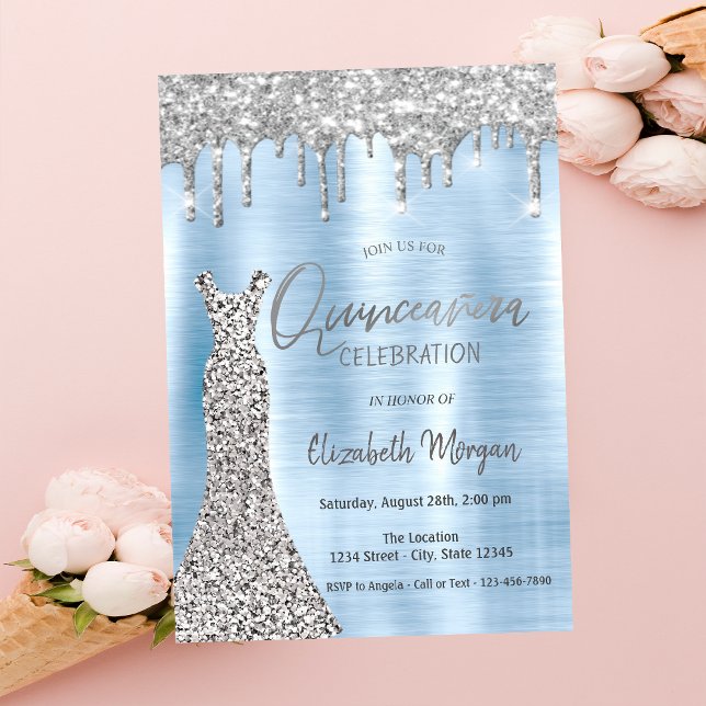 Silver Glitzer Tropfen, Dress Blue Quinceañera Einladung (Von Creator hochgeladen)