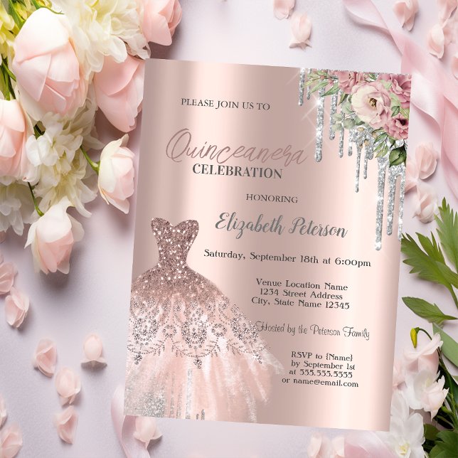 Silver Glitzer Tropfen, Dress Blume Quinceanera Einladung (Von Creator hochgeladen)