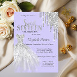 Silver Glitzer Tropfen, Dress Light Lila Sweet 16 Einladung<br><div class="desc">Elegantes silbernes Kleid und silberne Glitzer Tropfen auf einem lila Hintergrund.</div>