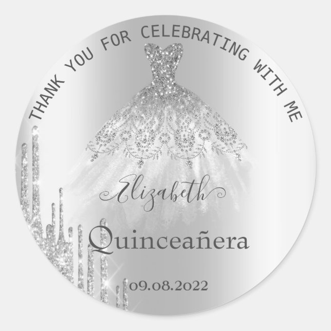 Silver Glitzer Tropfen Dress Quinceañera Runder Aufkleber (Vorderseite)