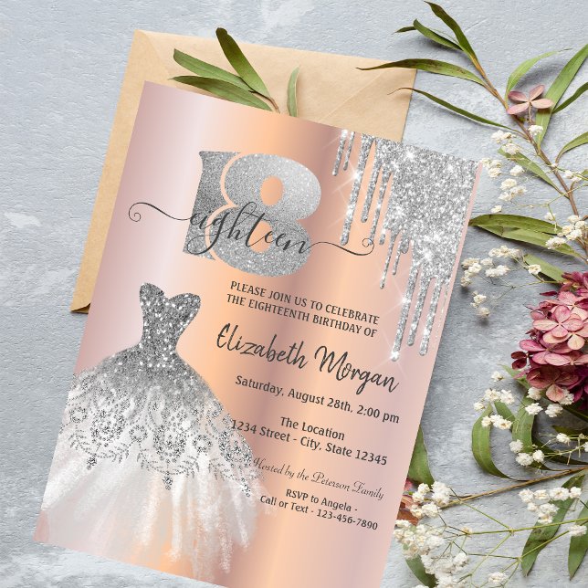 Silver Glitzer Tropfen Dress Rose Gold 18. Geburts Einladung (Von Creator hochgeladen)