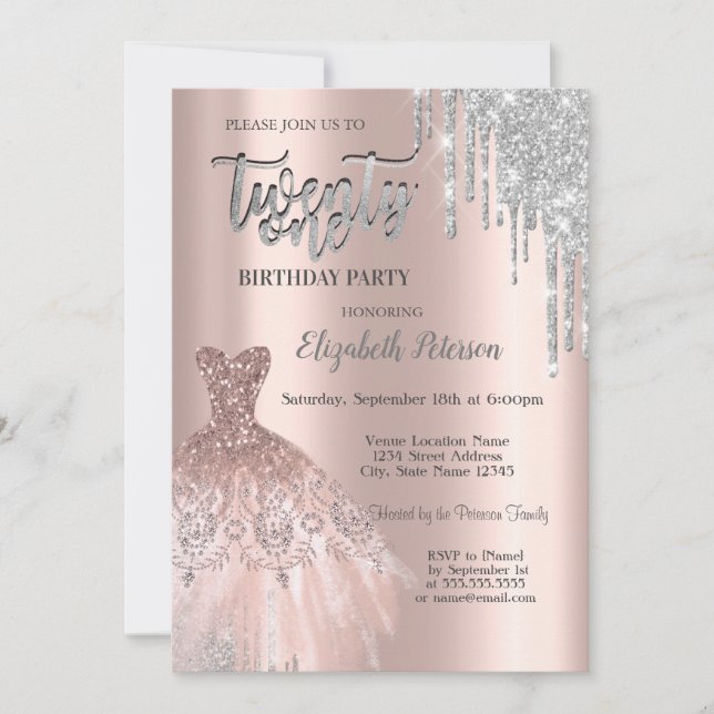 Silver Glitzer Tropfen, Dress Rose Gold 21. Geburt Einladung (Vorderseite)