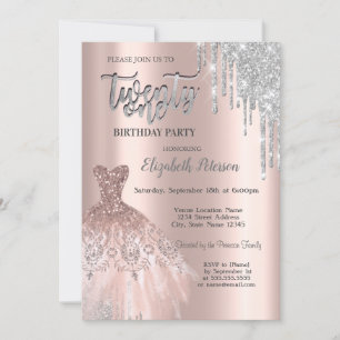 Silver Glitzer Tropfen, Dress Rose Gold 21. Geburt Einladung