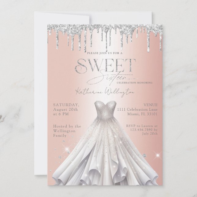 Silver Glitzer Tropfen Dress Rose Gold Sweet 16 Einladung (Vorderseite)