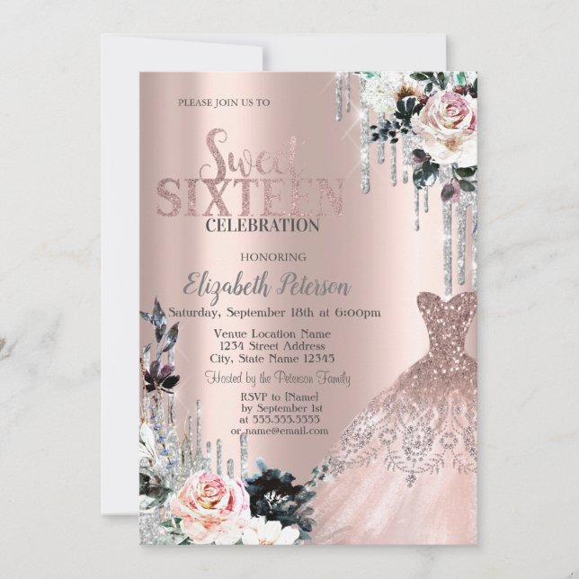 Silver Glitzer Tropfen, Dress Rose Sweet 16 Einladung (Vorderseite)