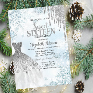 Silver Glitzer Tropfen, Dress Snowflakes Sweet 16 Einladung