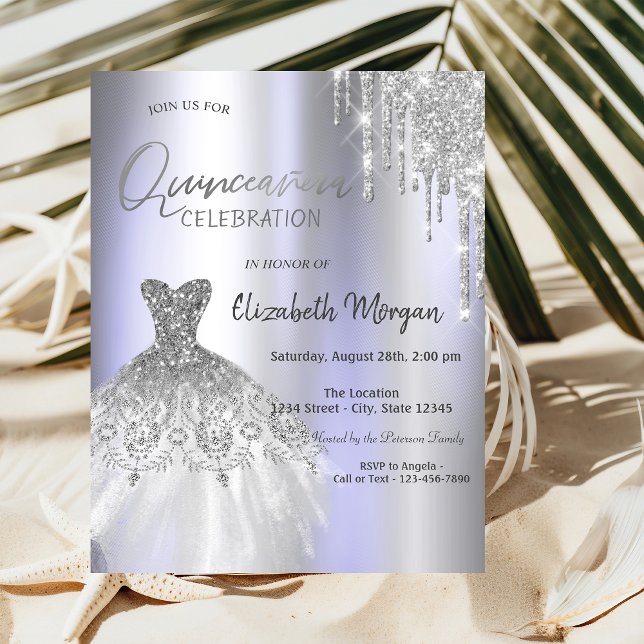 Silver Glitzer Tropfen Dress Violet Quinceañera Einladung (Von Creator hochgeladen)