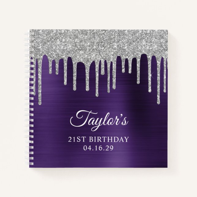 Silver Glitzer Tropfen Dunkle Violette 21. Geburts Notizbuch (Vorderseite)