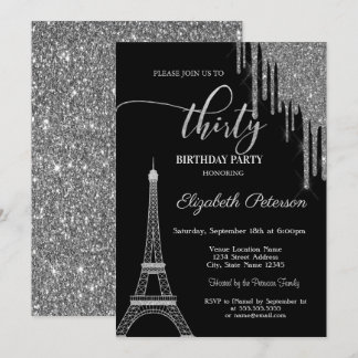 Silver Glitzer Tropfen, Eiffelturm 30 t Geburtstag Einladung
