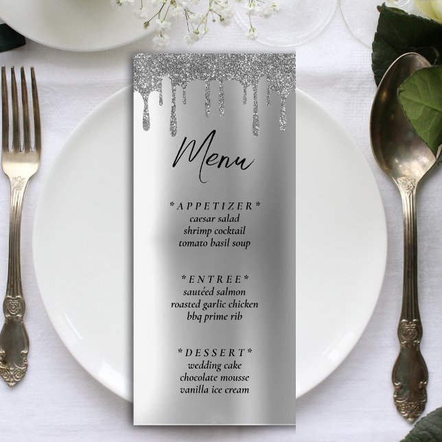 Silver Glitzer Tropfen Hochzeitsempfang Menükarte (Silver Glitter Drip Wedding Reception Menu)