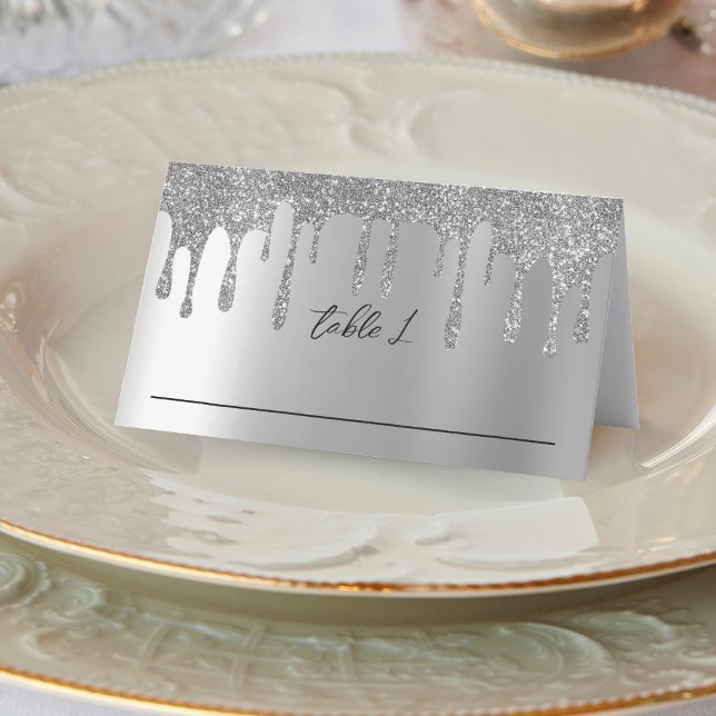 Silver Glitzer Tropfen Hochzeitsempfang Platzkarte (Silver Glitter Drip Wedding Reception Place Card)