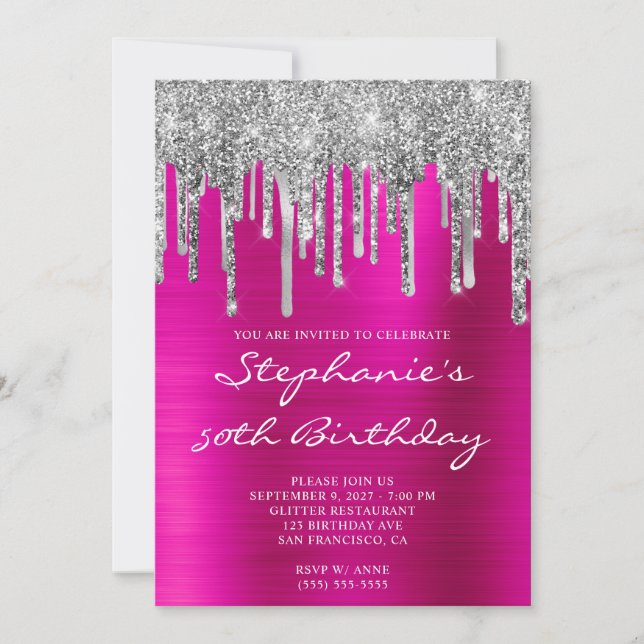 Silver Glitzer Tropfen Hot Pink 50. Geburtstag Einladung (Vorderseite)