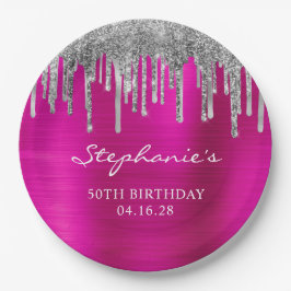 Silver Glitzer Tropfen Hot Pink Foil 50. Geburtsta Pappteller