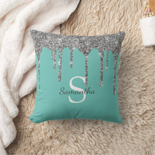 Silver Glitzer Tropfen Light Aquamarin Monogram Na Kissen