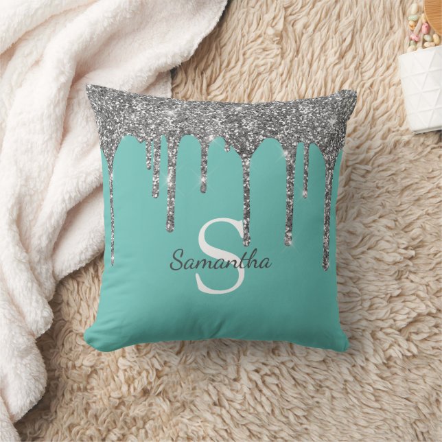 Silver Glitzer Tropfen Light Aquamarin Monogram Na Kissen (Decke)