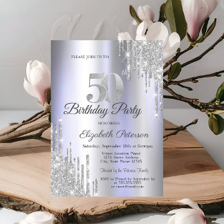 Silver Glitzer Tropfen Lila 50. Geburtstag Einladung