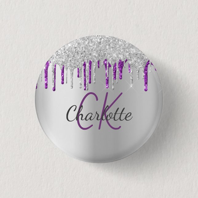 Silver Glitzer Tropfen lila Name für eine Monogram Button (Vorderseite)