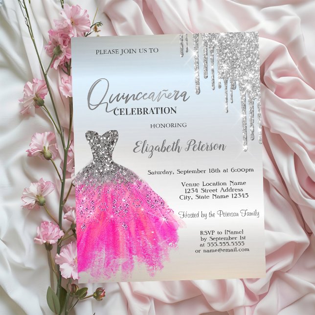 Silver Glitzer Tropfen, Luxuskleid Quinceanera Einladung (Von Creator hochgeladen)