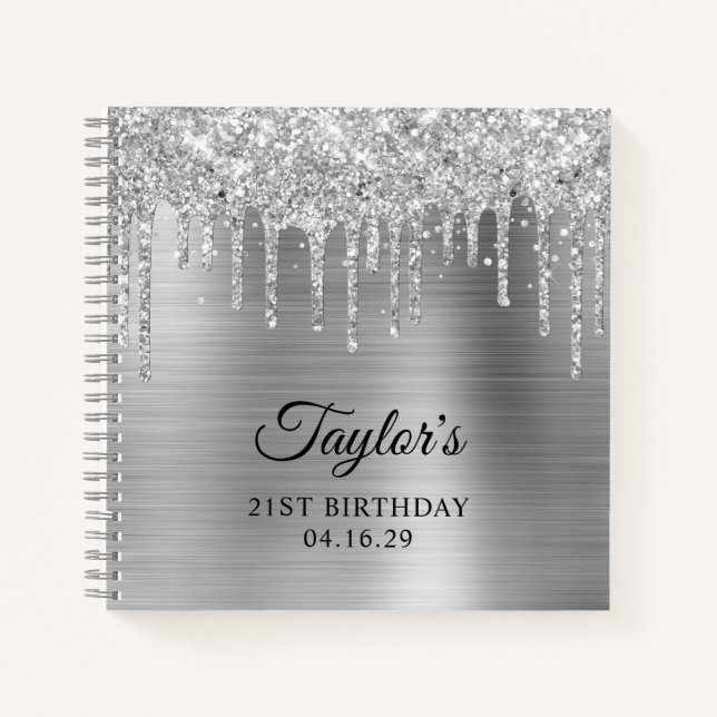 Silver Glitzer Tropfen Metallic Gray 21. Geburtsta Notizbuch (Vorderseite)