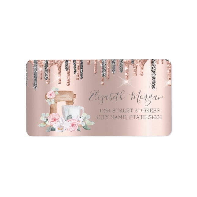 Silver Glitzer Tropfen Mixer Blume Rose Gold Adressaufkleber (Vorne)