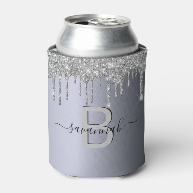 Silver Glitzer Tropfen Name Monogramm Party Dosenkühler (Kanne Vorderseite)