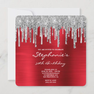 Silver Glitzer Tropfen Red Foil 50. Geburtstag Einladung