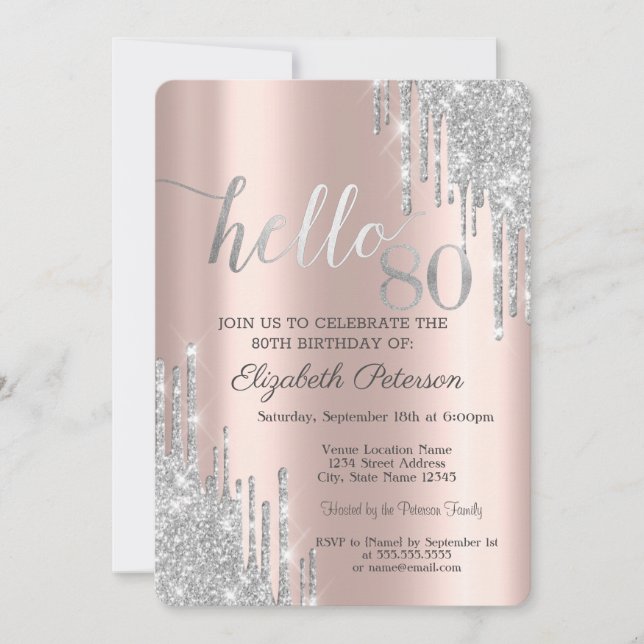 Silver Glitzer Tropfen Rose Gold 80. Geburtstag Einladung (Vorderseite)