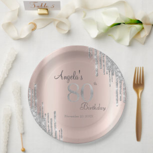 Silver Glitzer Tropfen Rose Gold 80. Geburtstag Pappteller